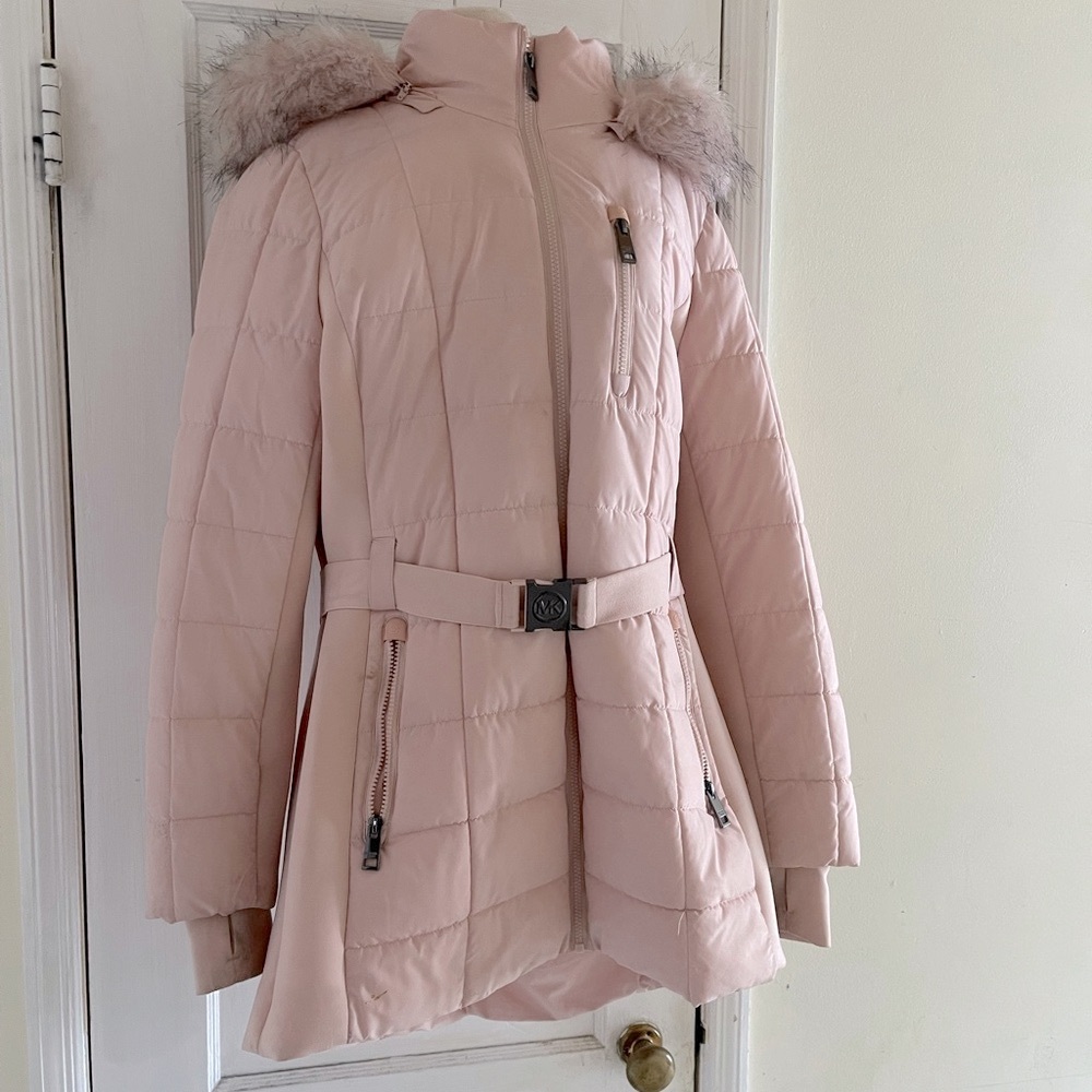 Michael Kors Faux Fur Trim Belted Puffer Jacket